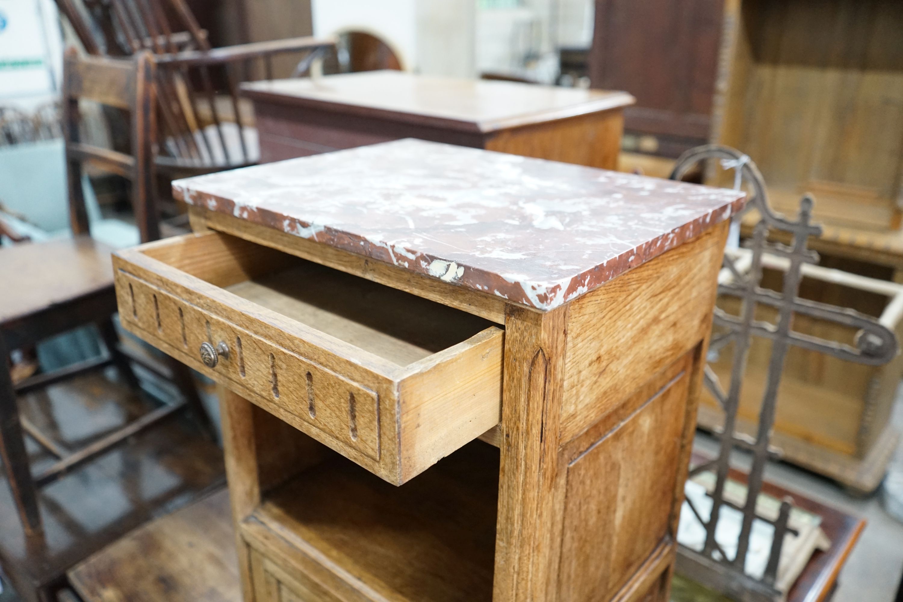 A pair of late 19th / early 20th century French oak marble topped bedside cabinets, width 43cm, depth 33cm, height 79cm